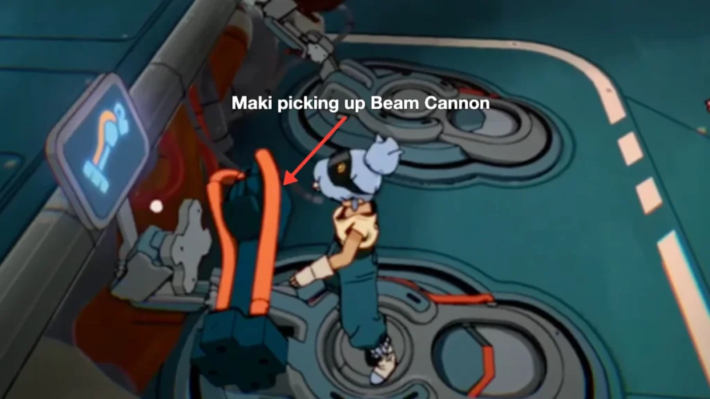 Maki picking up Beam Cannon