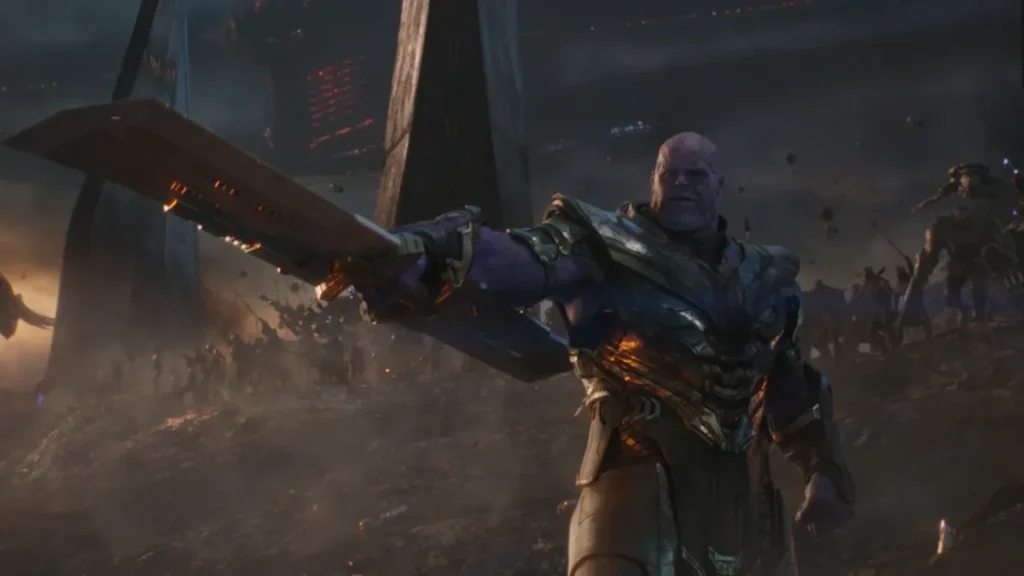 thanos holding his double edged sword in avengers end game